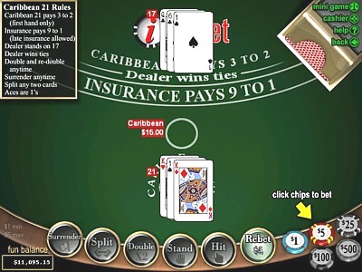 A Caribbean 21 game in progress; the player has made a caribbean 21 hand with a ten, 1 and another 10