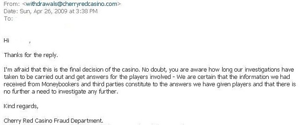 Cherry Red email confirming receipt of confidential player information from Moneybookers