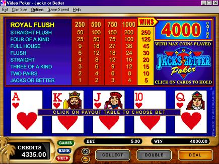 Jacks ot better royal flush - ace, king, jack, ten and queen of hearts